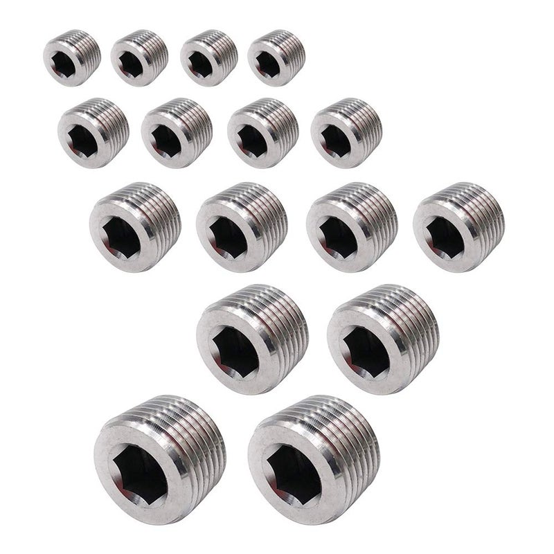 Yoebor Metalwork 5 Sizes 304 Stainless Steel Pipe Fitting, Hex Countersunk Plug Assortment Kits, 16 Pcs, 1/8"+1/4"+3/8"+1/2"+3/4" - Image 1